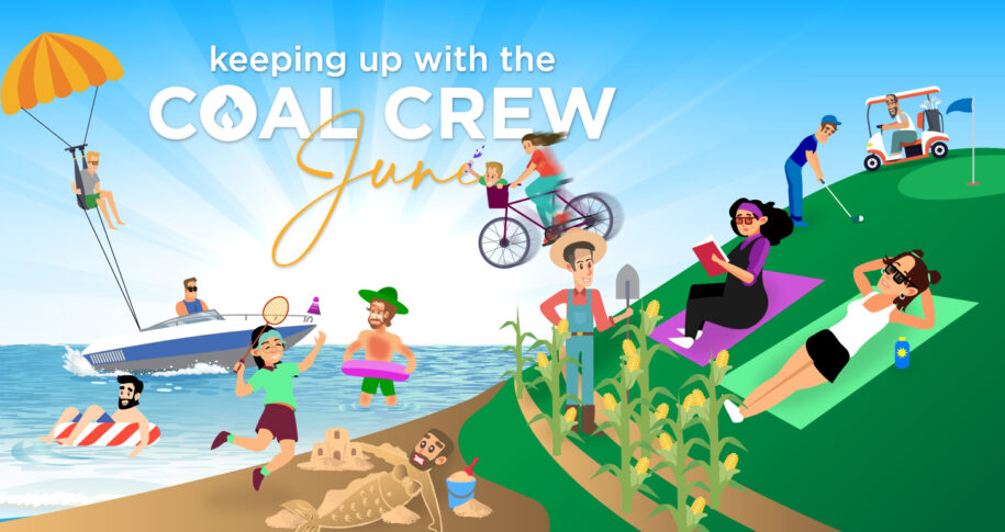 The June 2022 Keeping Up With the Coal Crew blog illustration shows the team enjoying the outdoors, doing things like biking, swimming and playing in the sand.